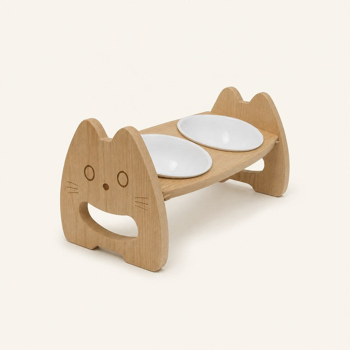 WanderPaws Cat-Face Double Ceramic Bowl Stand