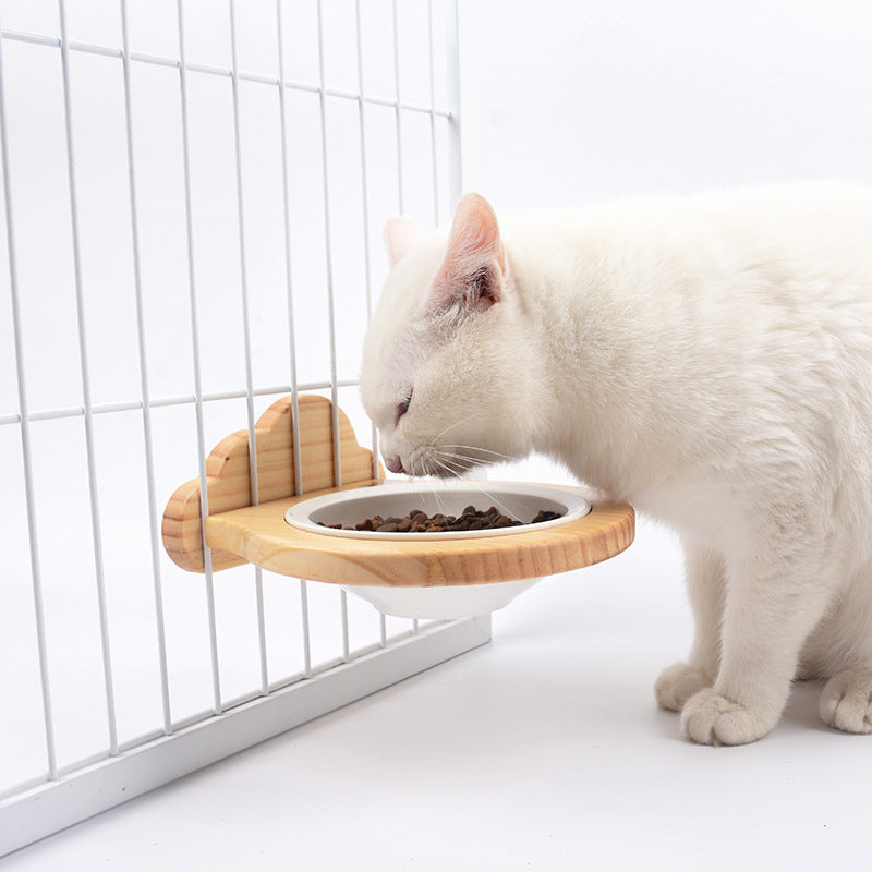 Natural Wood Mounted Cat Bowl - Pet Usage